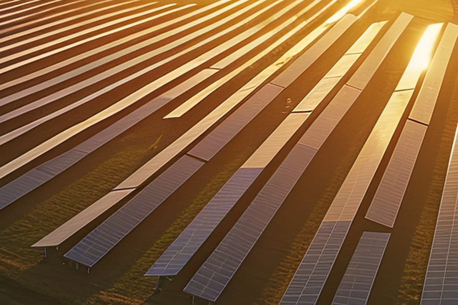 Aerial view of large-scale solar array at sunset